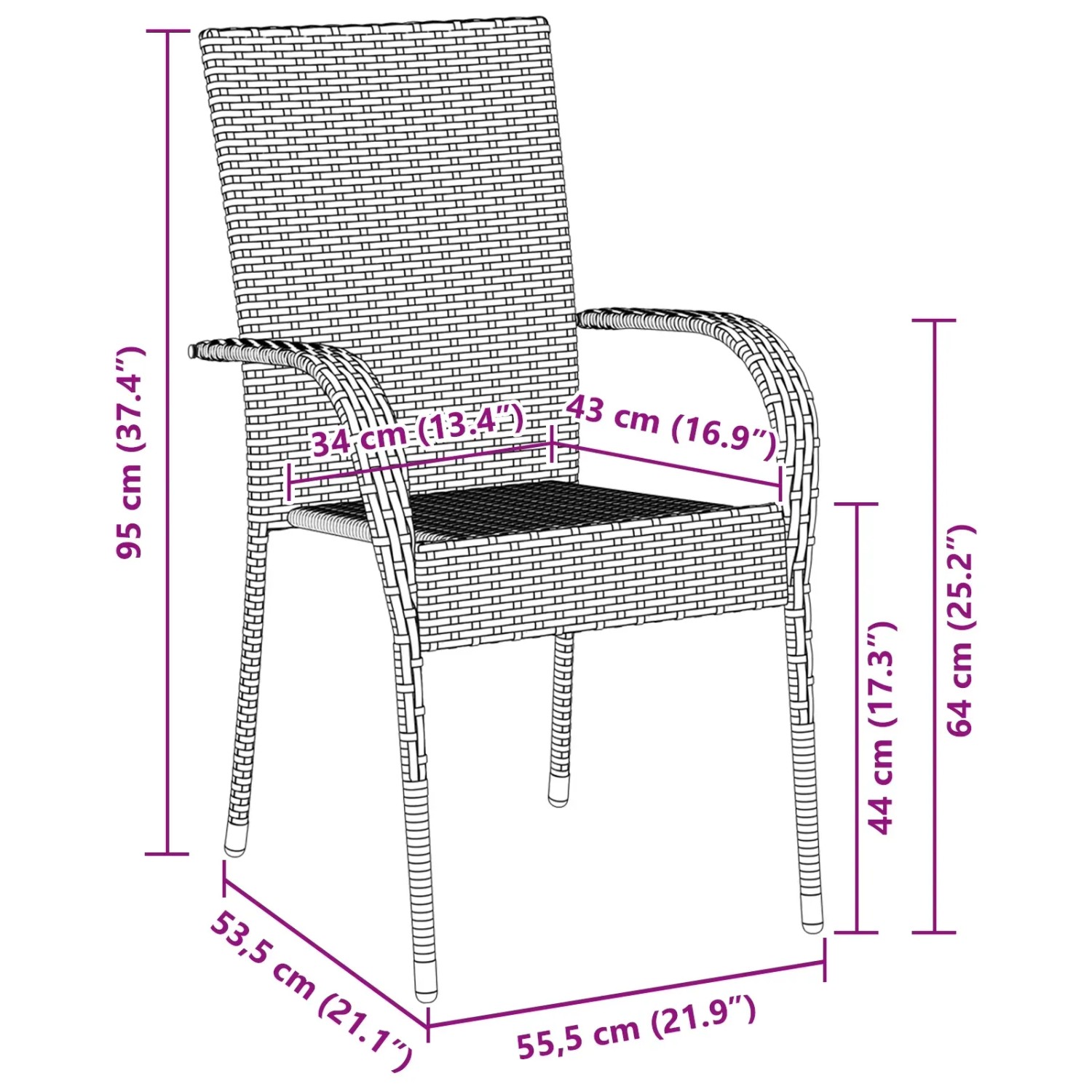 Schwarzer vidaXL Gartenstuhl aus Poly Rattan mit Maßangaben, Teil der 9-tlg. Essgruppe.