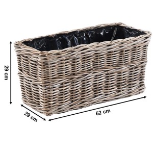 Kobolo Blumenbank LAURO, Rattan Pflanzkorb in Grau mit Folie, 62x29x29 cm.
