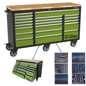 TRUTZHOLM Werkstattwagen Deluxe XXL mit 20 Schubladen, Hartholz-Arbeitsfläche und 254-teiligem Werkzeugset.