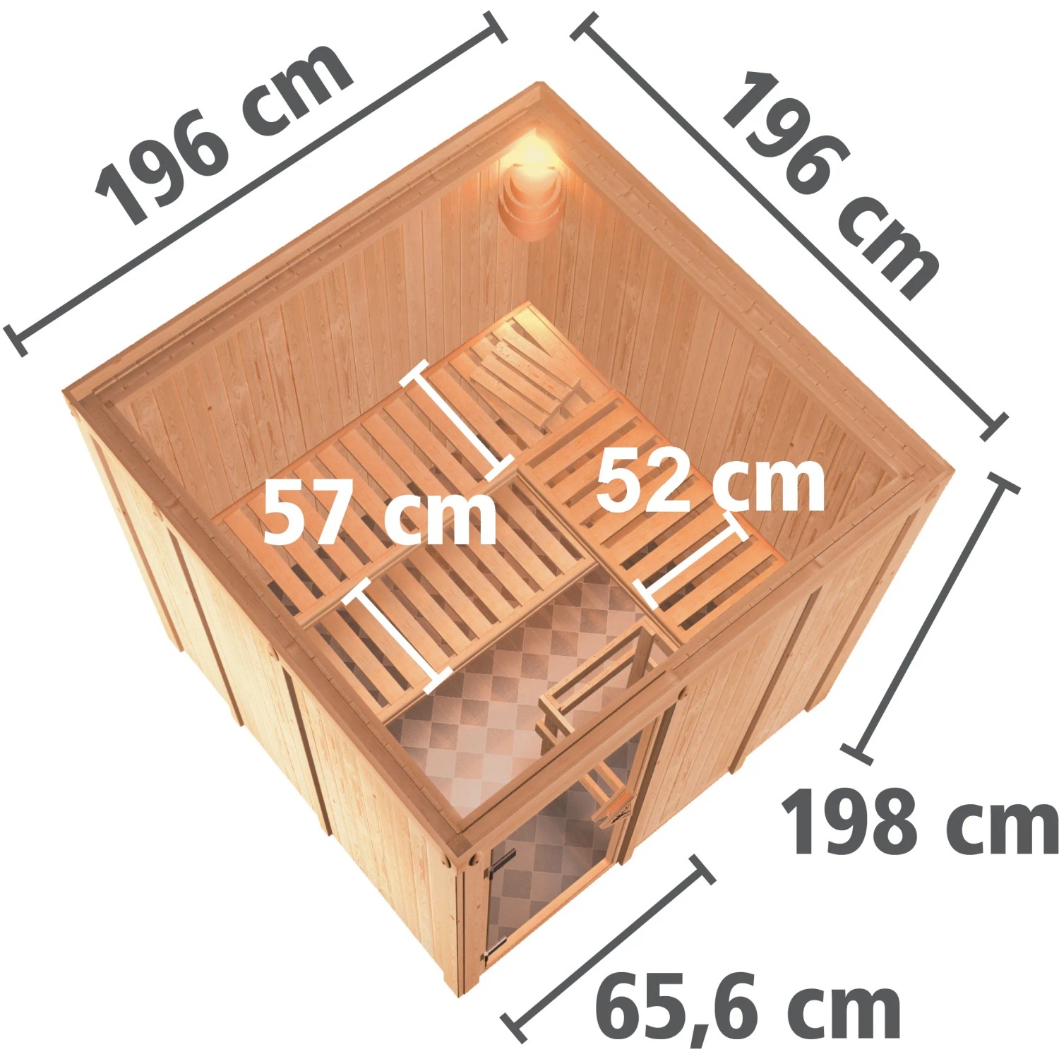 Karibu Sauna Rikka mit Ofen, Aufsicht: Holzsauna mit Maßen und Liegeflächen. Ideal für Entspannung.