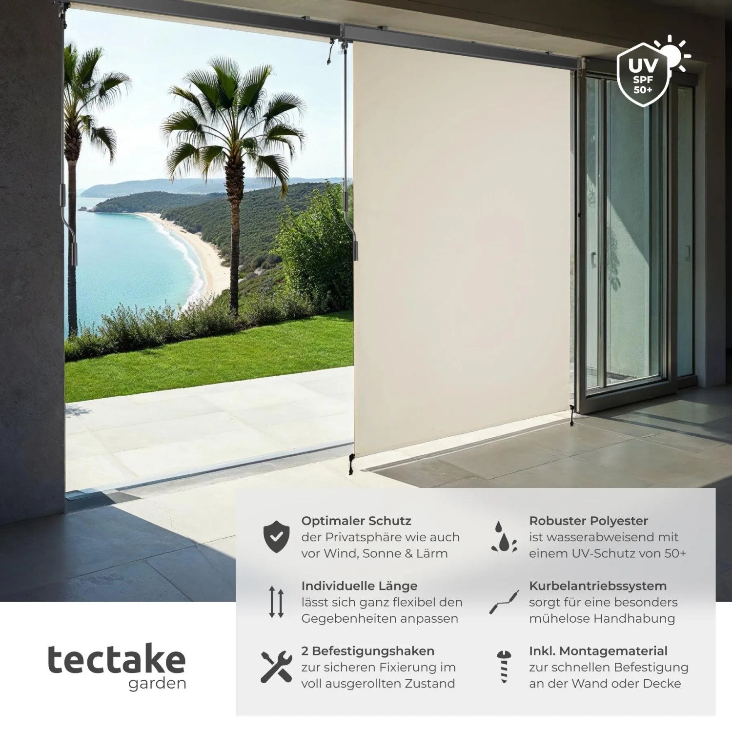 Beige Tectake Senkrechtmarkise 120x250 cm für Terrasse oder Balkon.