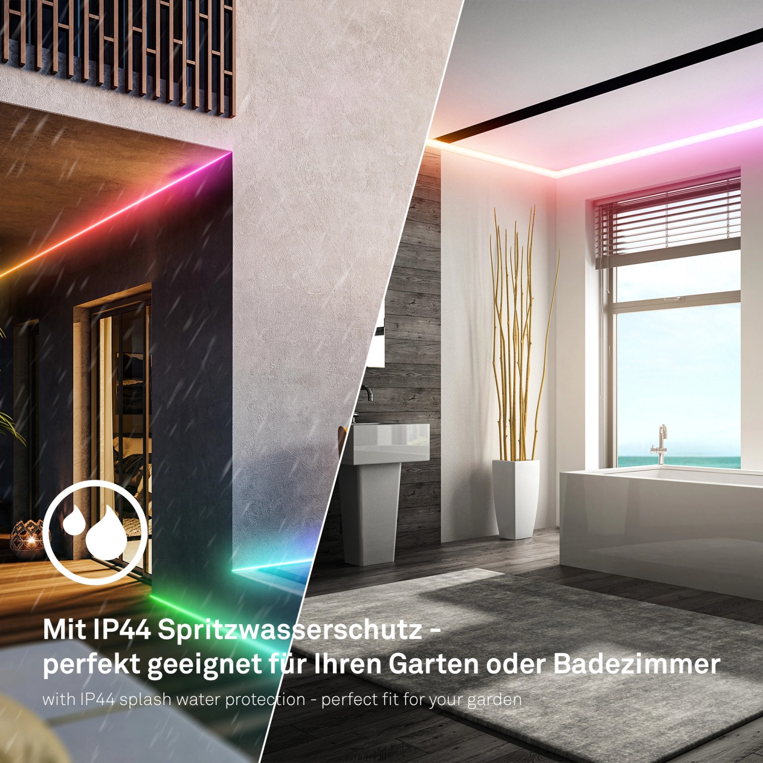 Briloner LED-Band Starter-Set mit RGB/W im Garten und Bad, spritzwassergeschützt und farbenfroh.