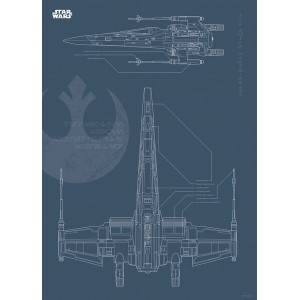 Disney Star Wars Poster: X-Wing Raumschiff Bauplan auf dunkelblauem Hintergrund, 50x70 cm.
