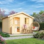 Lasita Holz-Gartenhaus Wels 3, naturbelassen, mit geöffneter Tür und Gartenambiente.