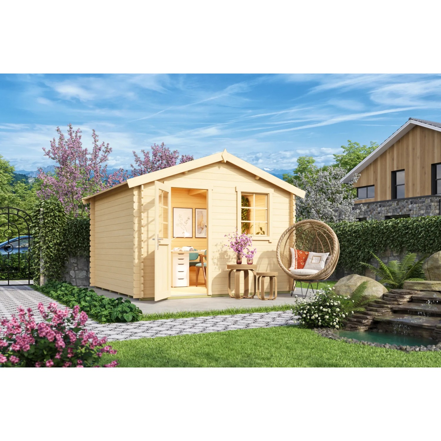 Lasita Holz-Gartenhaus Wels 3, naturbelassen, mit geöffneter Tür und Gartenambiente.