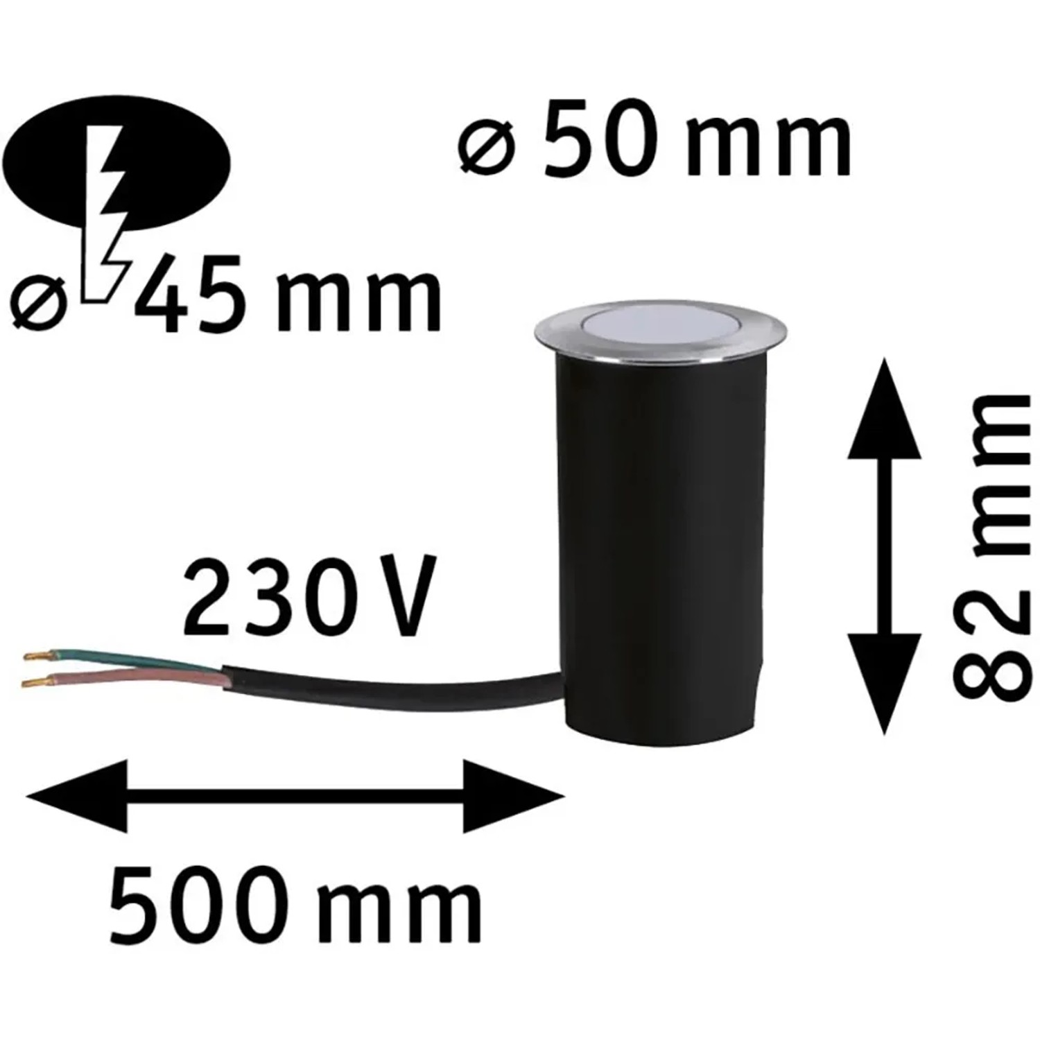 Paulmann LED-Bodeneinbaustrahler, rund, 230V, insektenfreundlich, Maße: Durchmesser 50mm, Höhe 82mm, Kabellänge 500mm.