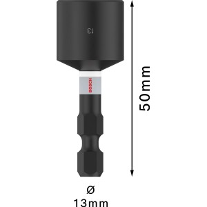 Schwarzer Bosch Impact Control Steckschlüssel 50mm SW13 für Schlagschrauber. Robustes Werkzeug für hohe Drehmomente.