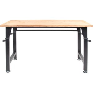 rikta Werkbank, höhenverstellbar (85-105cm) mit Holzplatte und schwarzem Stahlgestell.