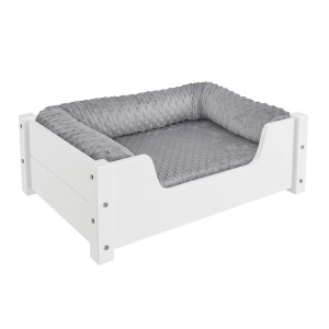 Weißes Tierbett aus Kiefernholz mit grauem Kissen für Hunde und Katzen.