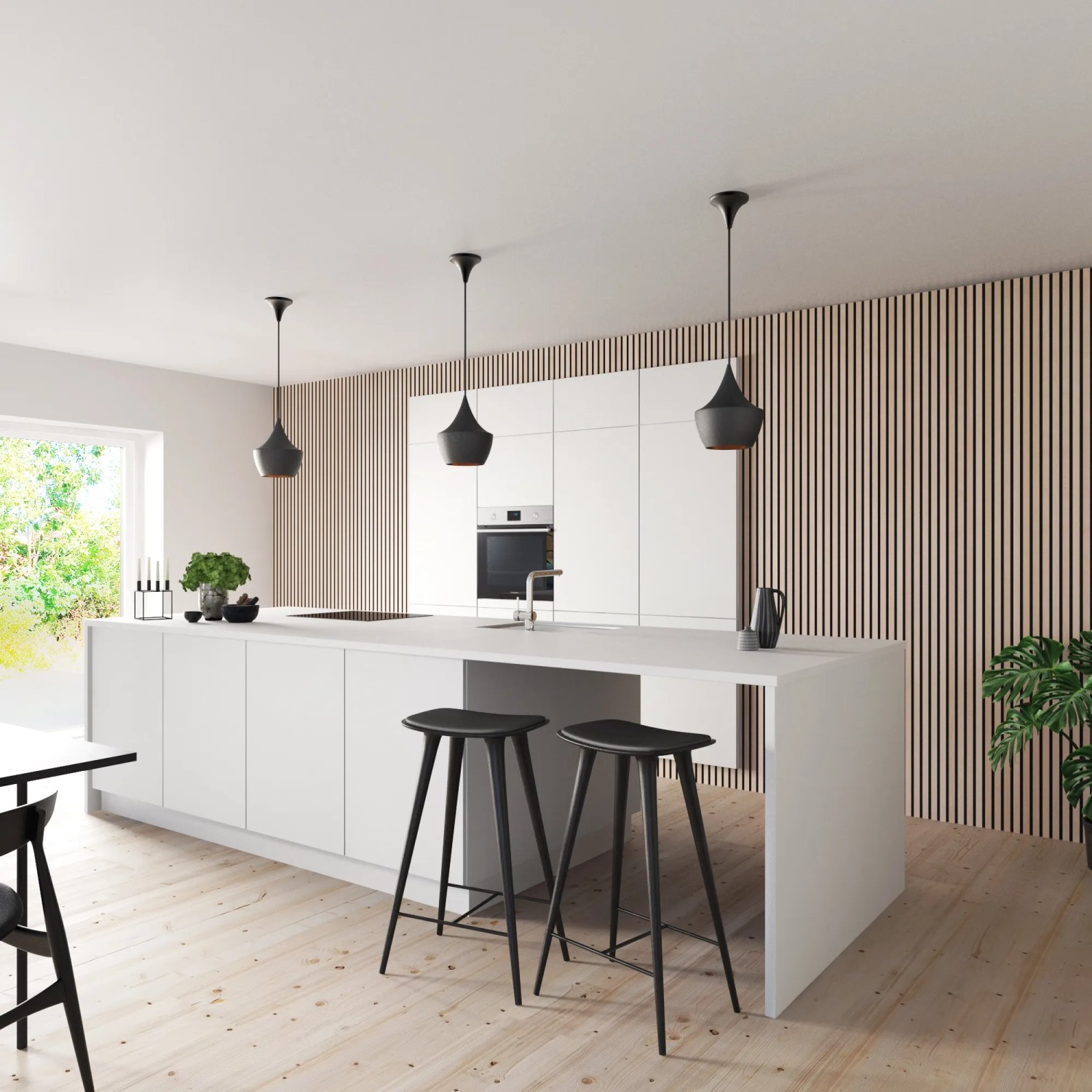 Moderne Küche mit Akustikpaneel Buche an der Wand, sorgt für angenehme Atmosphäre.