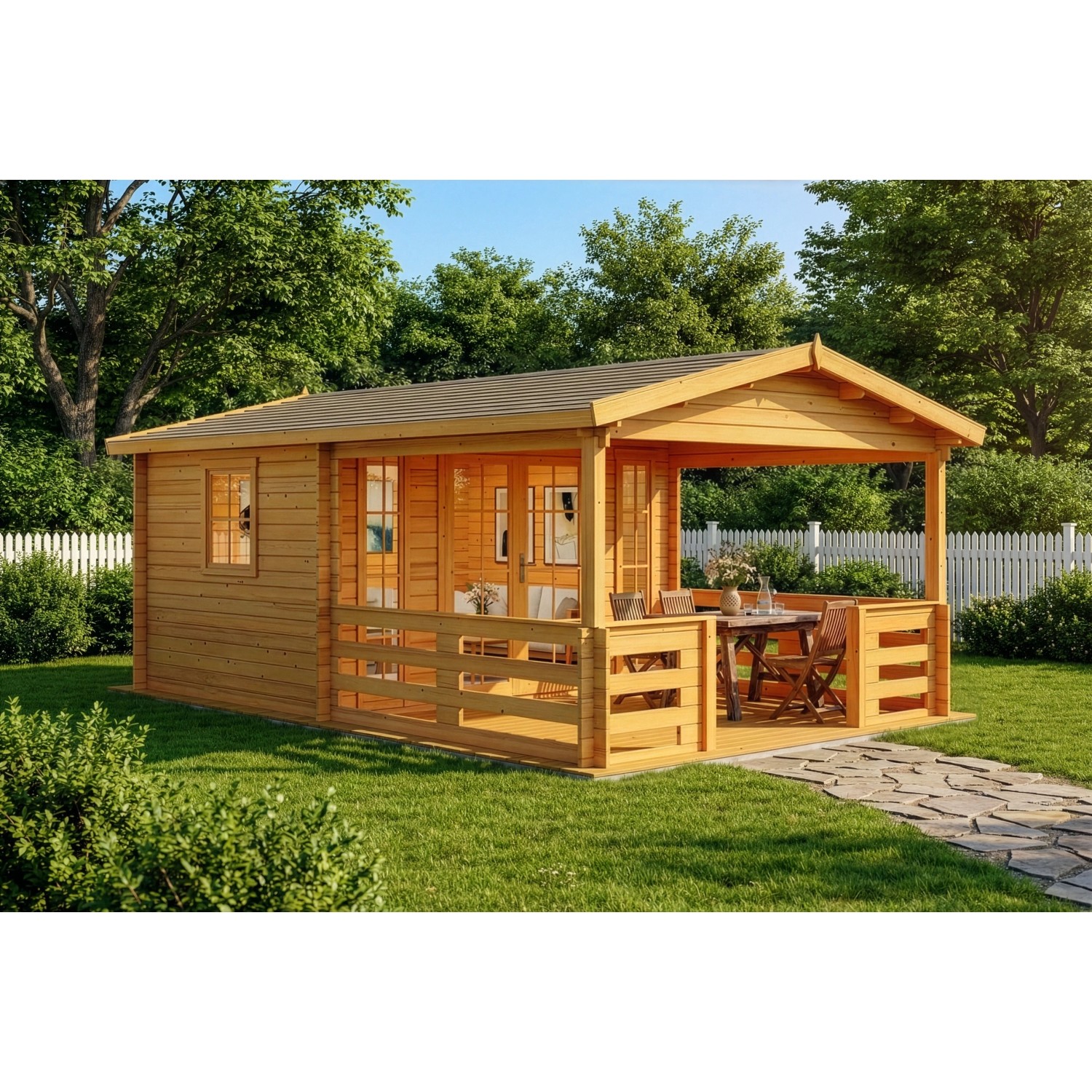 Alpholz Holz-Gartenhaus Lappland 410x594cm Imprägniert Pinie 34mm Wandstärke
