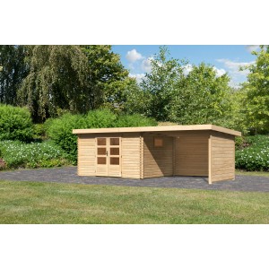 Karibu Gartenhaus Jeebel mit Anbaudach und Rückwand aus naturbelassenem Holz.