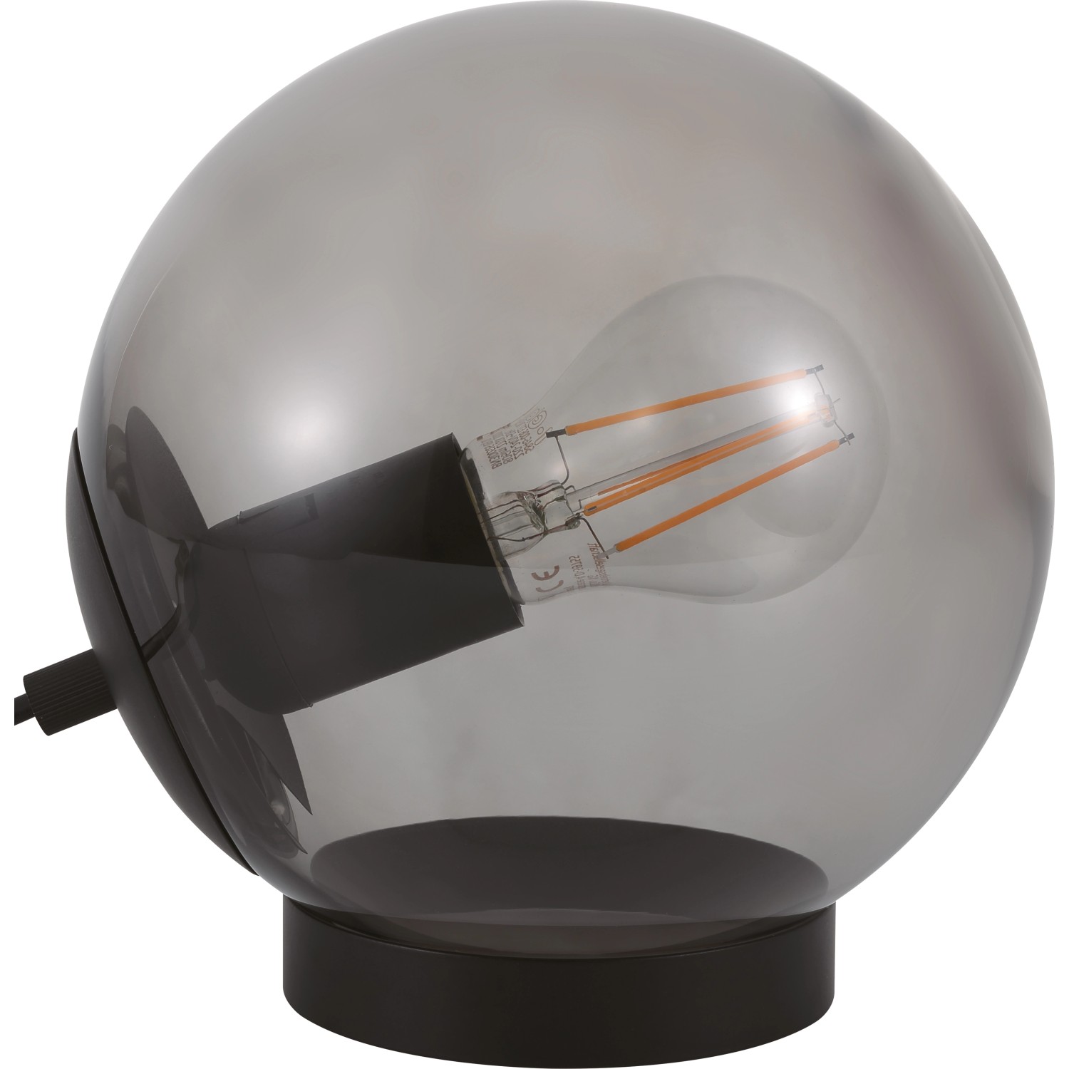 Graue Design-Tischleuchte mit Rauchglas-Schirm und schwarzem Metallfuß, 18,5 cm hoch.