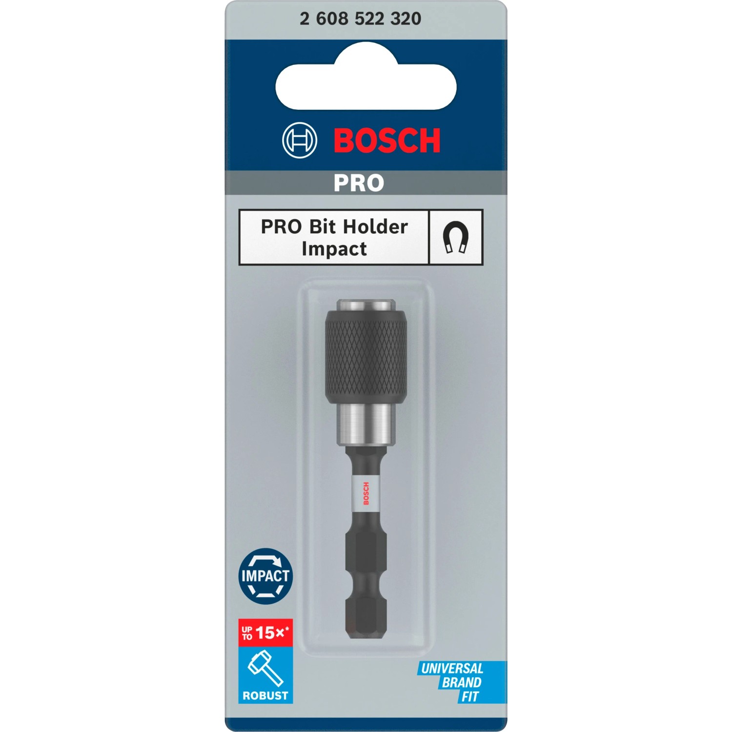Bosch Schnellverschluss-Bithalter Impact Control in Verpackung. Robuster Bit-Halter mit Magnet für Elektrowerkzeuge.