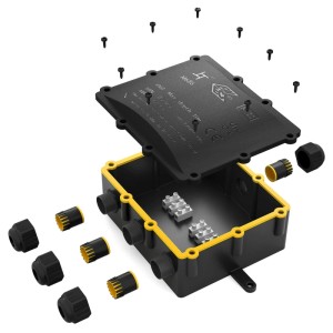 Schwarze, wasserdichte IP68 Abzweig-/Installationsdose, zerlegt, mit gelber Dichtung, 4 Wege.