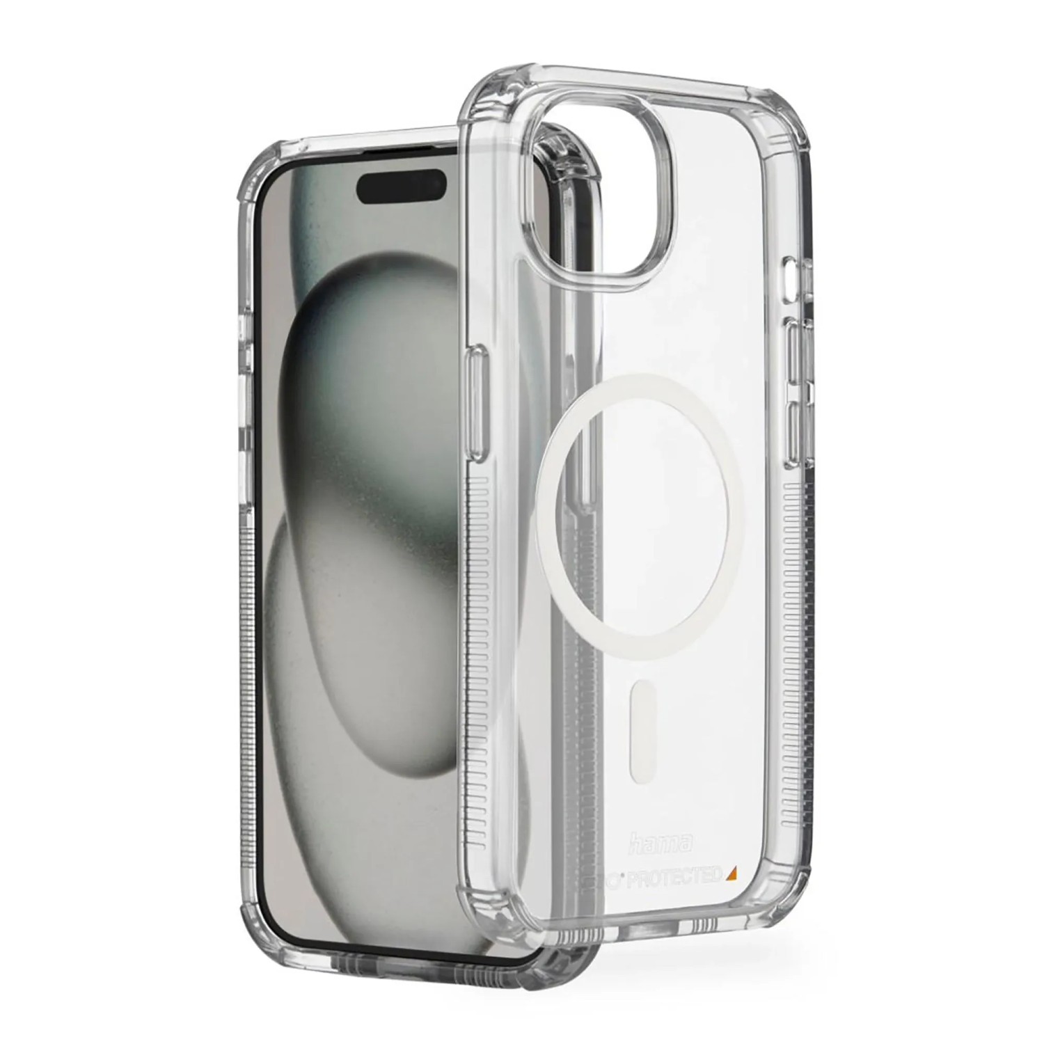 Transparente Hama Handyhülle für Apple iPhone 15 mit MagSafe Ring und verstärkten Ecken. Robustes Handy-Zubehör.