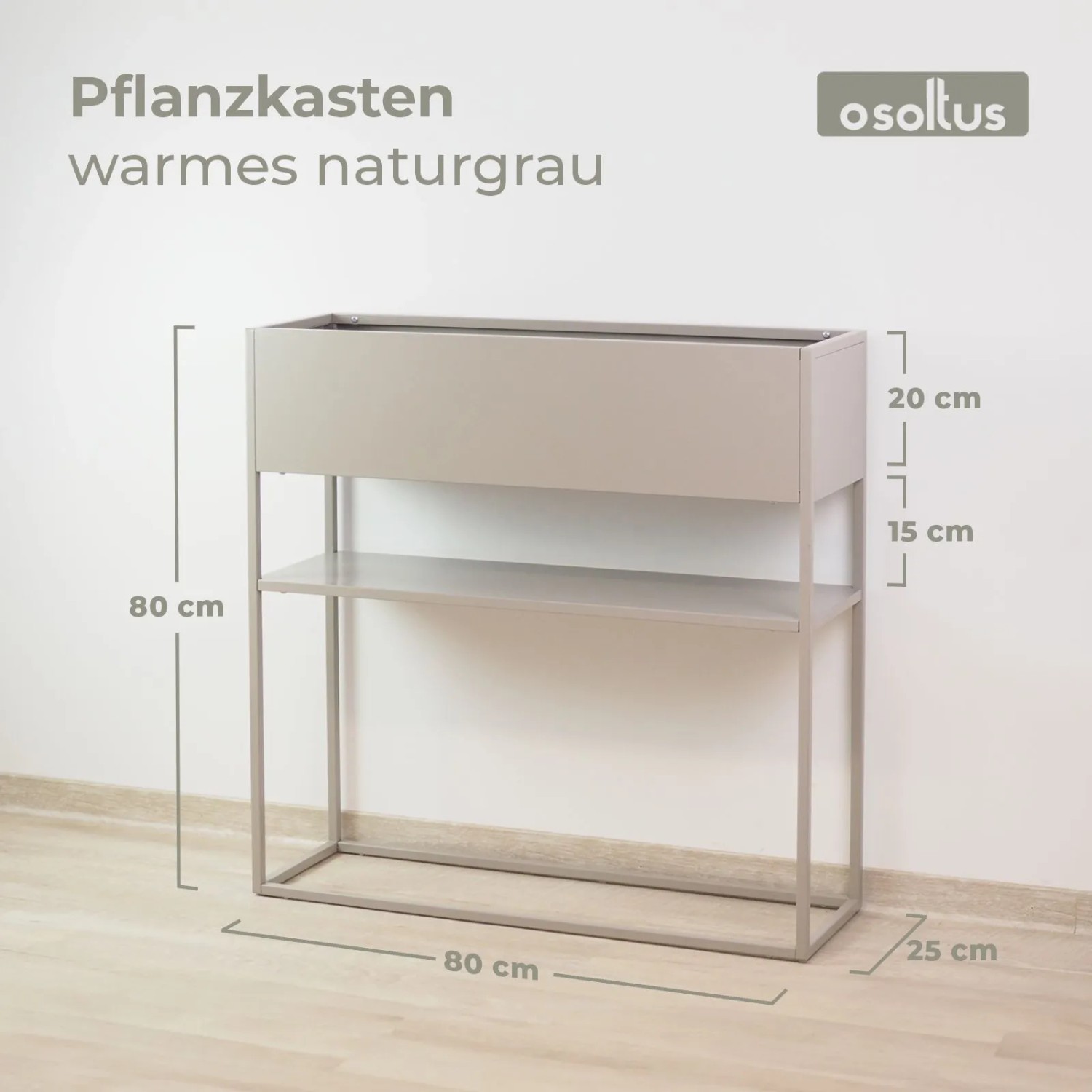 osoltus Pflanzkasten Raumteiler Cube, warmgrau, 80x80x25 cm. Robuster Stahl Blumenkasten mit Ablage im Industriedesign.