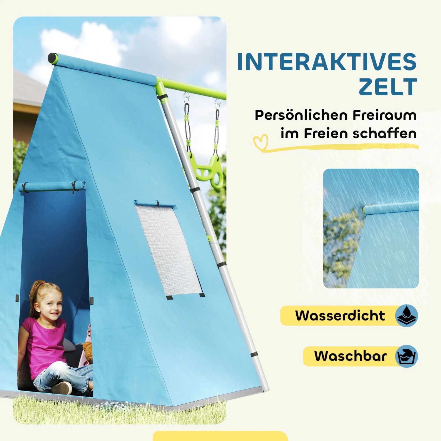 Mädchen spielt in blauem AIYAPLAY Spielzelt des 3-in-1 Schaukelgestells im Garten. Wasserdicht & waschbar.