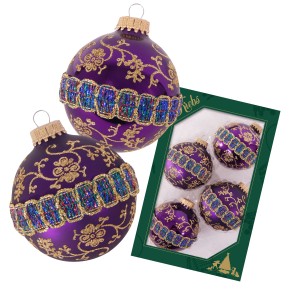 4er-Set violette Krebs Glas Lauscha Weihnachtskugeln (7cm) mit goldener Borte und Ornamenten.
