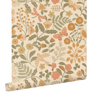 ESTAhome Tapete Blumen und Vögel Orange und Graugrün 53 cm x 10.05 m