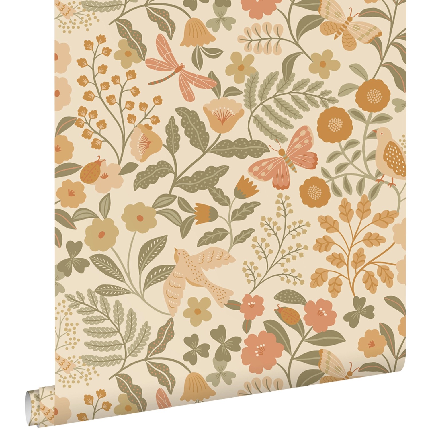 ESTAhome Tapete Blumen und Vögel Orange und Graugrün 53 cm x 10.05 m günstig online kaufen