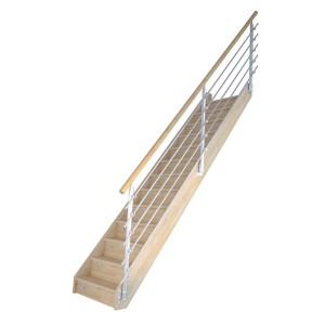 StarWood Treppe Korfu Fichte, gerade, mit Setzstufen und Edelstahl-Designgeländer.