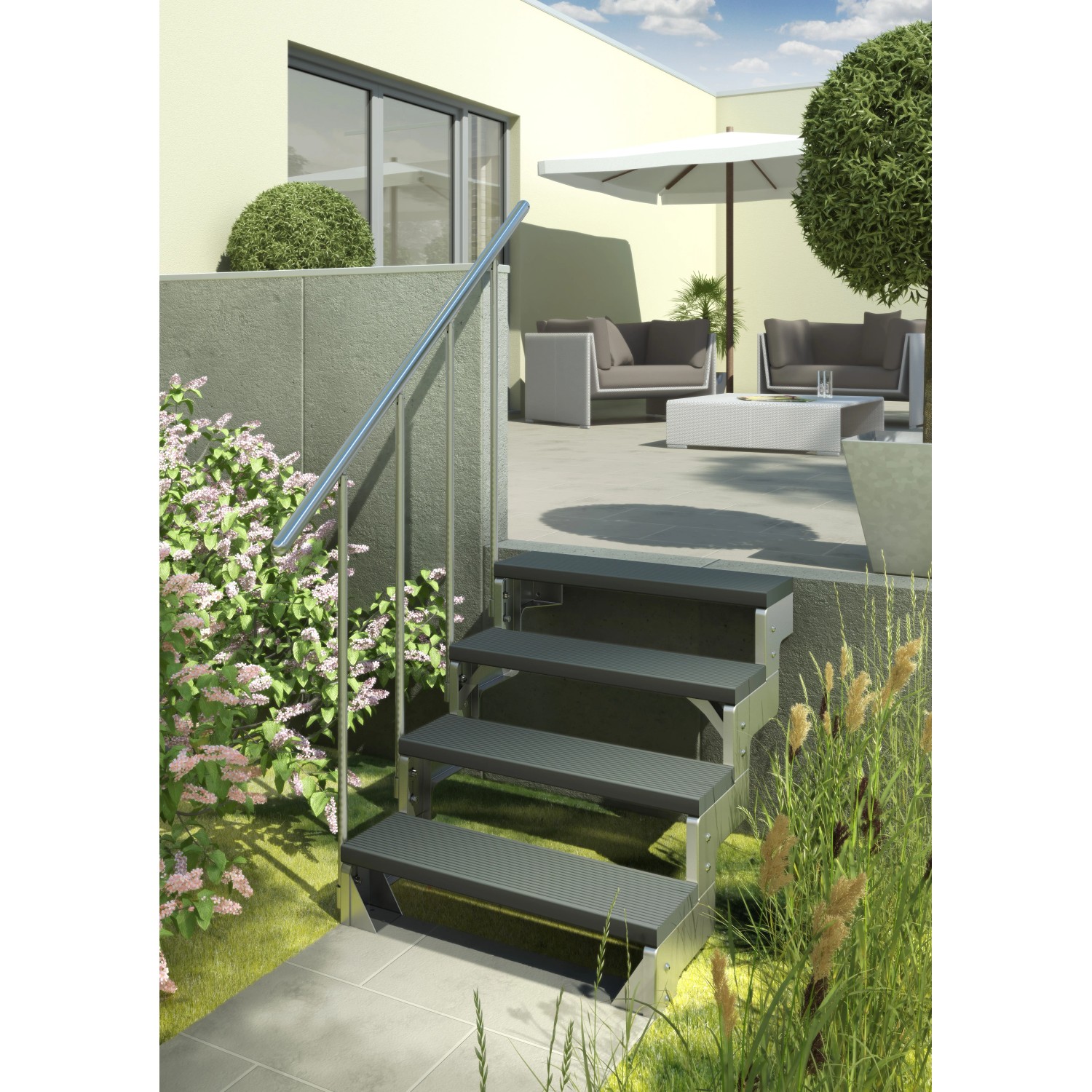 Dolle Außentreppe Gardentop Startset für 2 Stufen mit Geländer im Garten.
