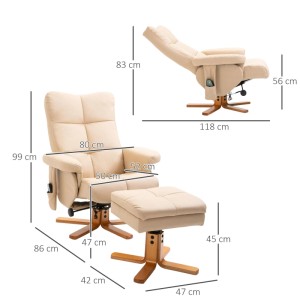 Cremeweißer HOMCOM Massagesessel mit Fußhocker und Stauraum, 145 Grad neigbar. Abmessungen 80x86x99 cm.