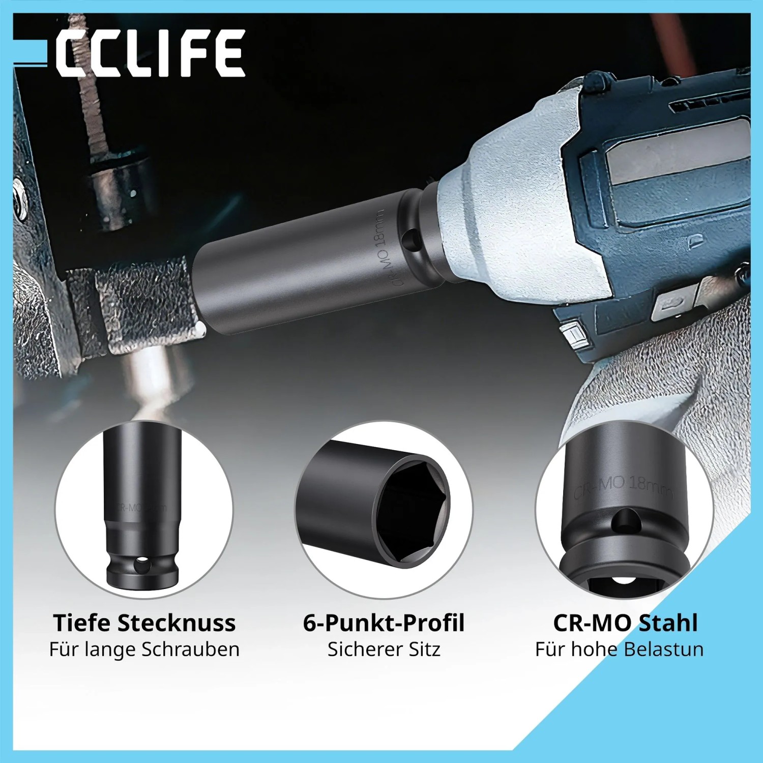 CCLIFE 14-tlg. 1/2 Zoll tiefe Schlagschrauber Nuss aus Cr-Mo Stahl mit 6-Punkt-Profil, 10-32mm, in Anwendung.