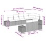 Schwarzes 8-teiliges Garten-Sofa-Set aus Poly Rattan mit Kissen und Maßangaben.
