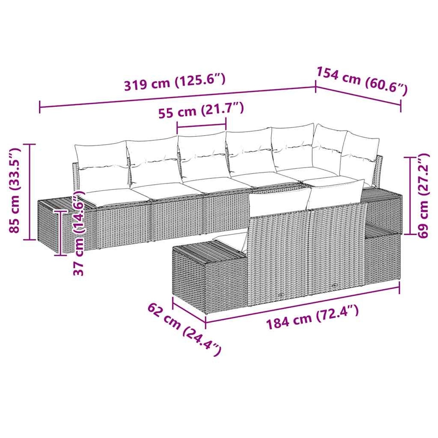 Schwarzes 8-teiliges Garten-Sofa-Set aus Poly Rattan mit Kissen und Maßangaben.