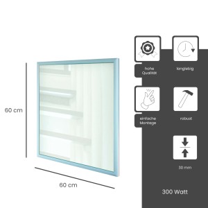 Weiße Fenix Infrarotheizung ECOSUN Glasheizung 300W mit blauem Rahmen, 60x60x3cm. Elektrische Heizung.
