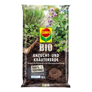 Compo Bio Anzucht- und Kräutererde, torffrei, 10L Sack mit Kräutern und Anzucht.