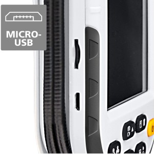 Detailaufnahme Laserliner VideoPocket Inspektionssystem: Anschlüsse und Bedienelemente.