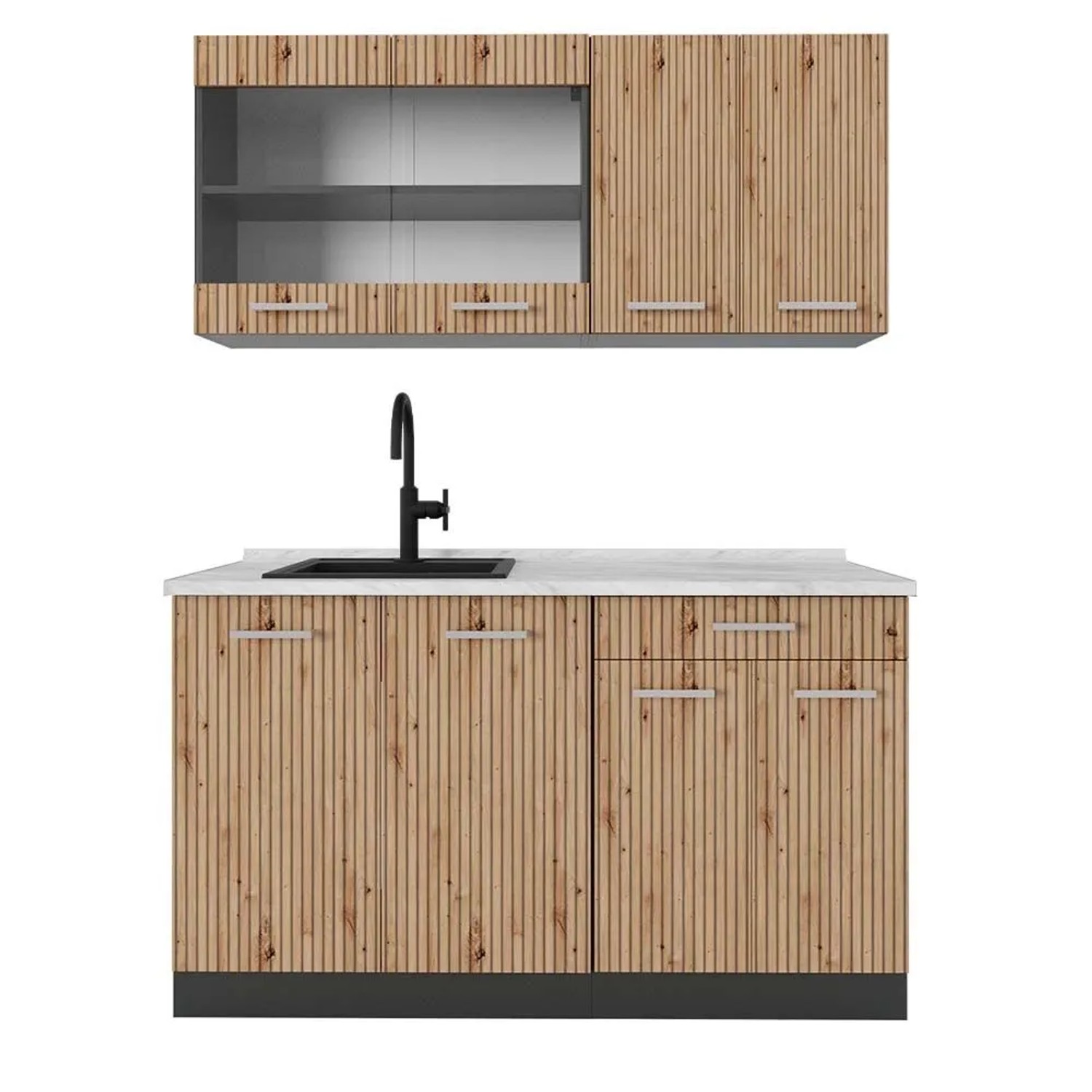 Vicco R-Line Singleküche Artisan Eiche Anthrazit 140 cm AP Marmor ohne E-Geräte