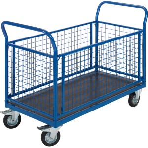 Blauer Profi Transportwagen mit Gitter, 500 kg Tragkraft, Bock- und Lenkrollen für Baugeräte.