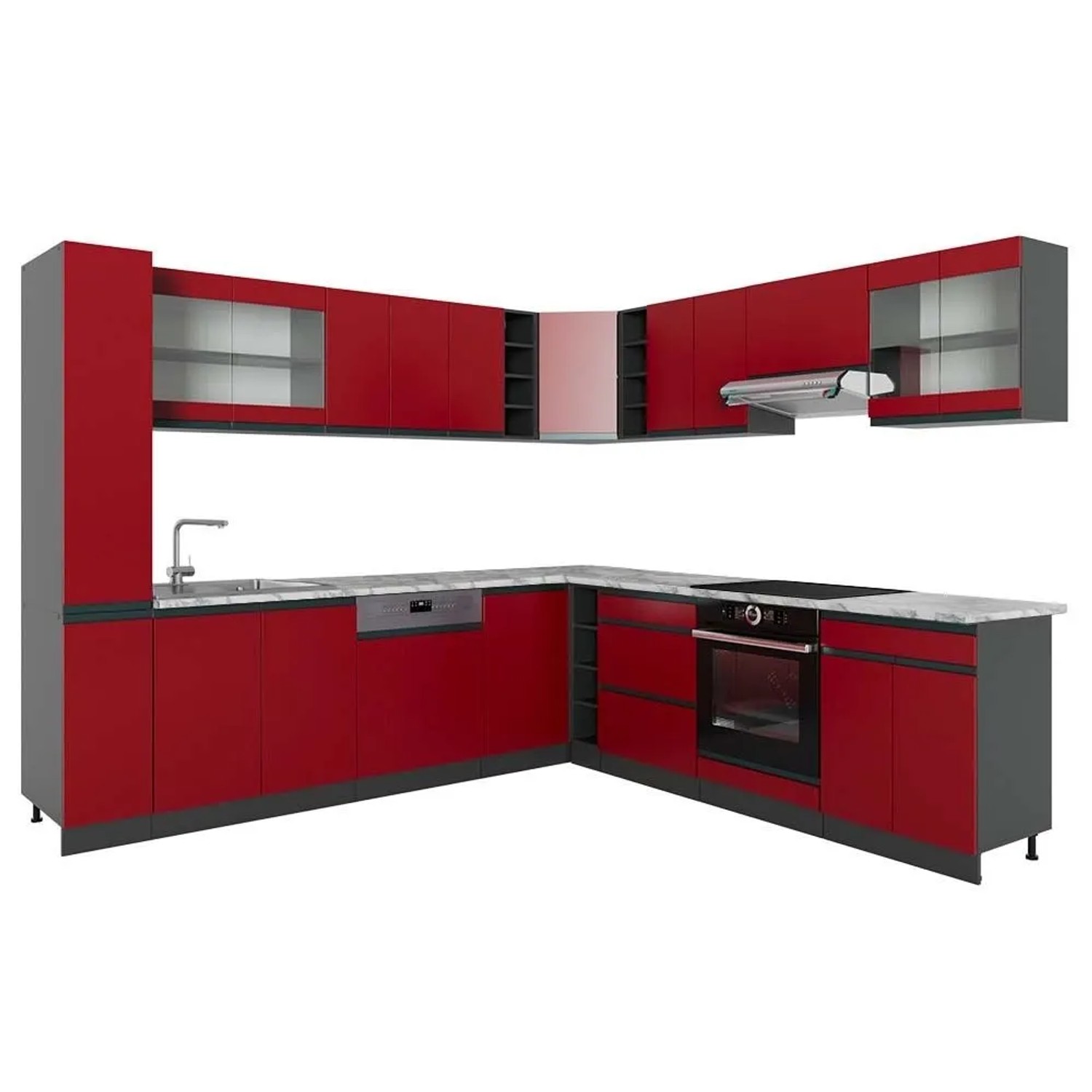 Vicco Eckküche R-Line Rot/Anthrazit 277 x 82 J-Shape, AP Marmor