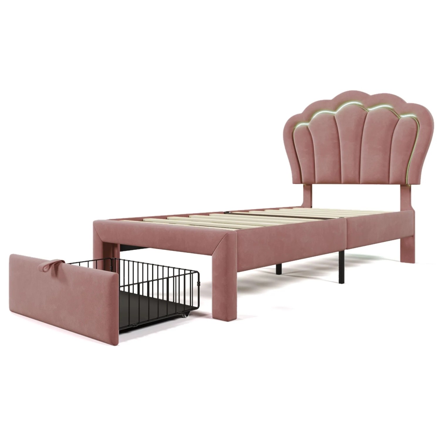 Merax Kinderbett 90x190cm LED Schubladen Rosa Samt