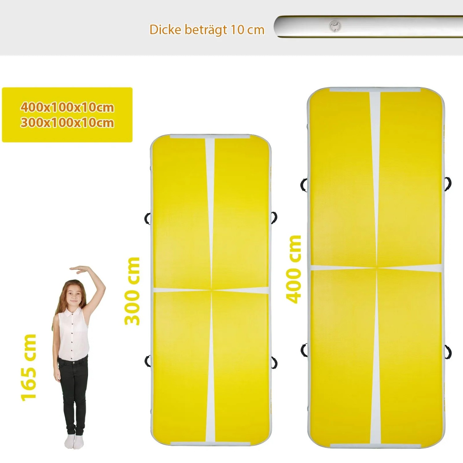 Zwei gelbe aufblasbare Airtrack Matten (300, 400 cm) mit 10 cm Dicke, Größenvergleich mit Kind. Ideal für Gymnastik.