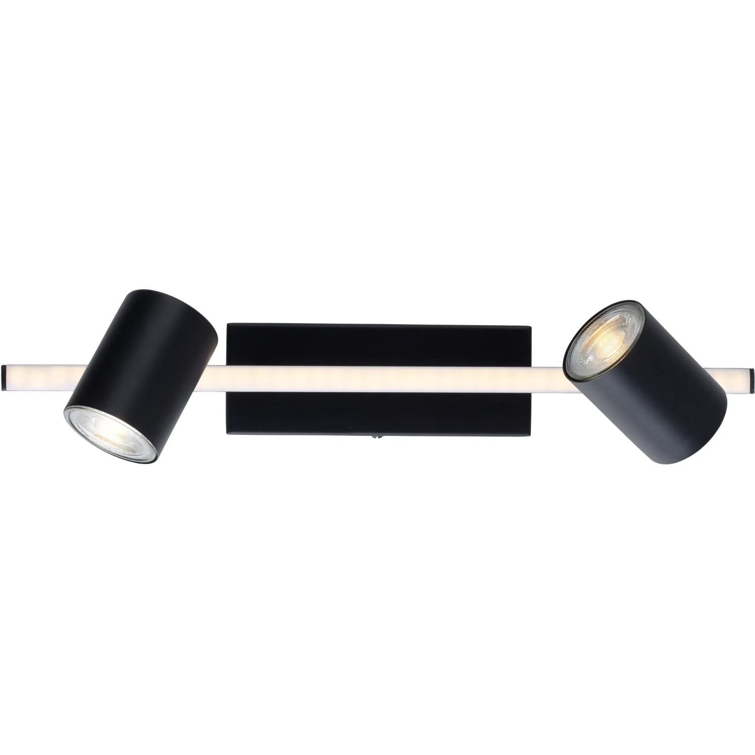 Schwarze Paul Neuhaus Barik Wand-/Deckenleuchte mit 2 Spots und LED-Leiste.