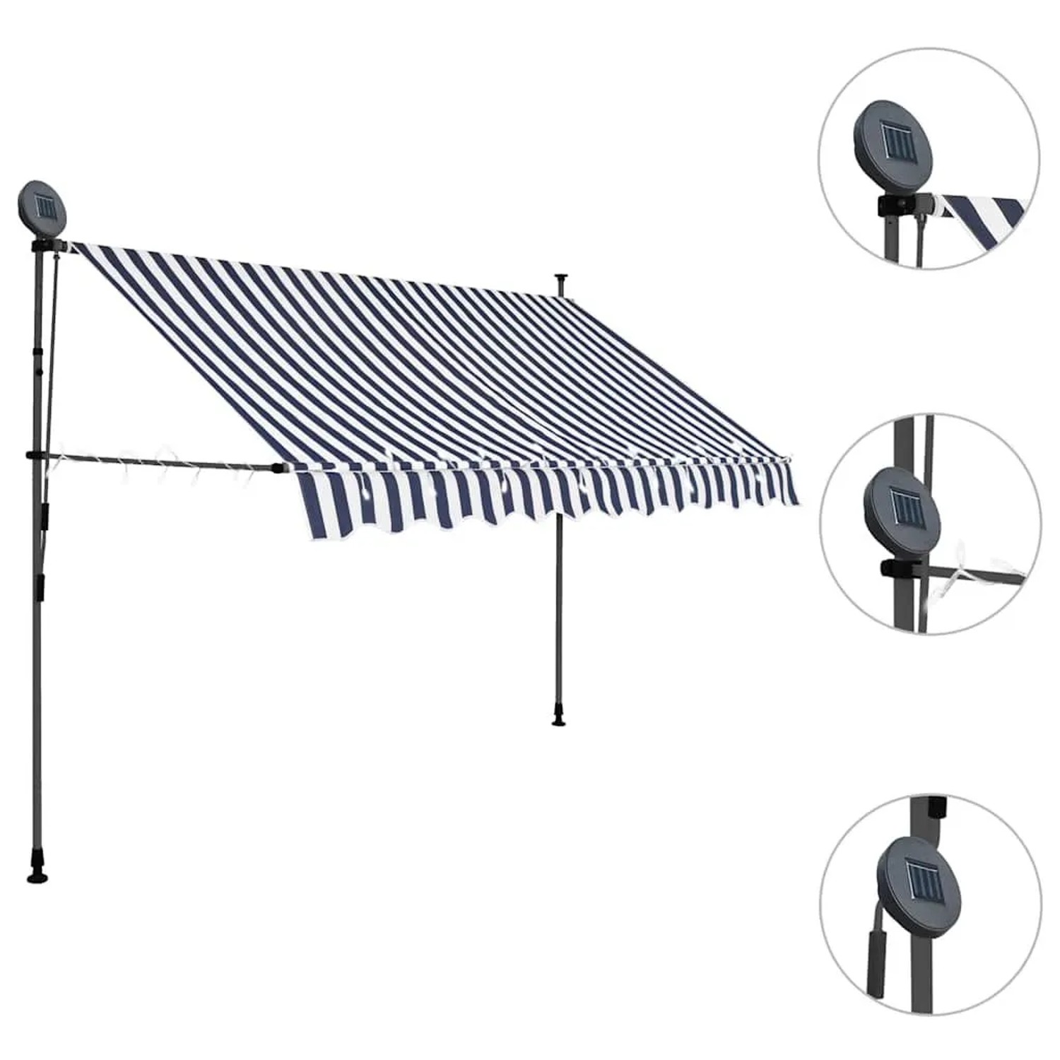 Blau-weiß gestreifte, handbetriebene Einziehbare Markise mit Solar-LED, 250 cm. Für Terrasse & Balkon.