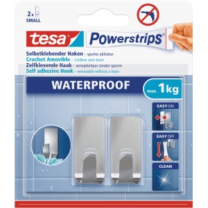 Tesa Powerstrips Haken Waterproof Zoom Edelstahl, 2er-Pack, ideal für Bad und Küche.