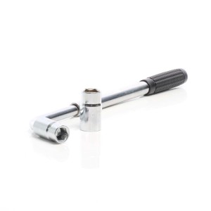 Silberner Teleskop Radmutternschlüssel aus Stahl mit schwarzem Gummigriff und zwei Stecknüssen 17/19, 21/23 mm.