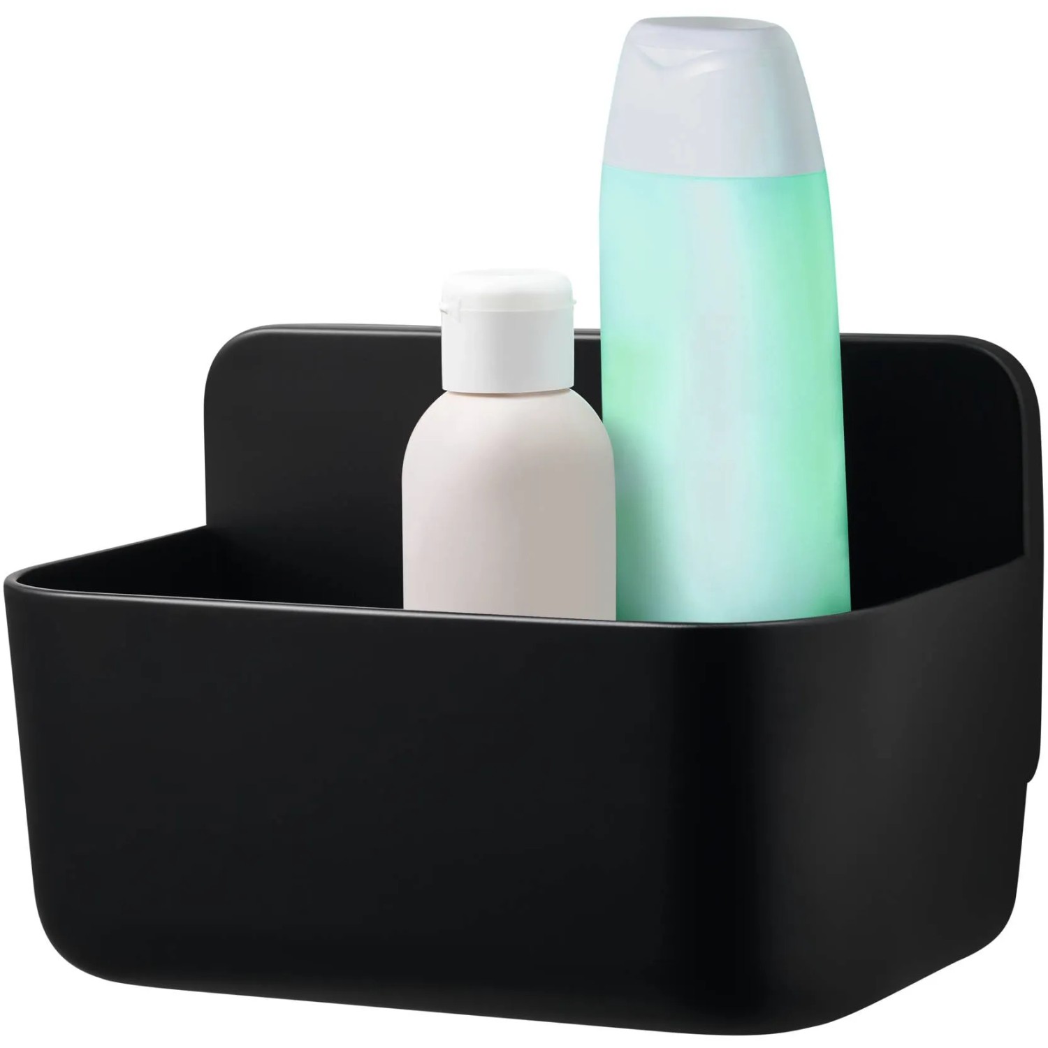 Schwarzer Tesa Lavaa Duschkorb Small mit Shampoo und Duschgel.