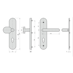 Technische Zeichnung: Basi Schutzbeschlag SB 7500 ES1 Edelstahl Wechsel-Garnitur mit Maßangaben.