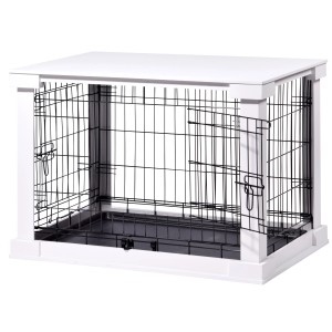 Weiße Hundebox Indoor mit Tischoberfläche, Gittertür und herausnehmbarer Wanne.