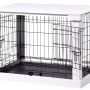 Weiße Hundebox Indoor mit Tischoberfläche, Gittertür und herausnehmbarer Wanne.