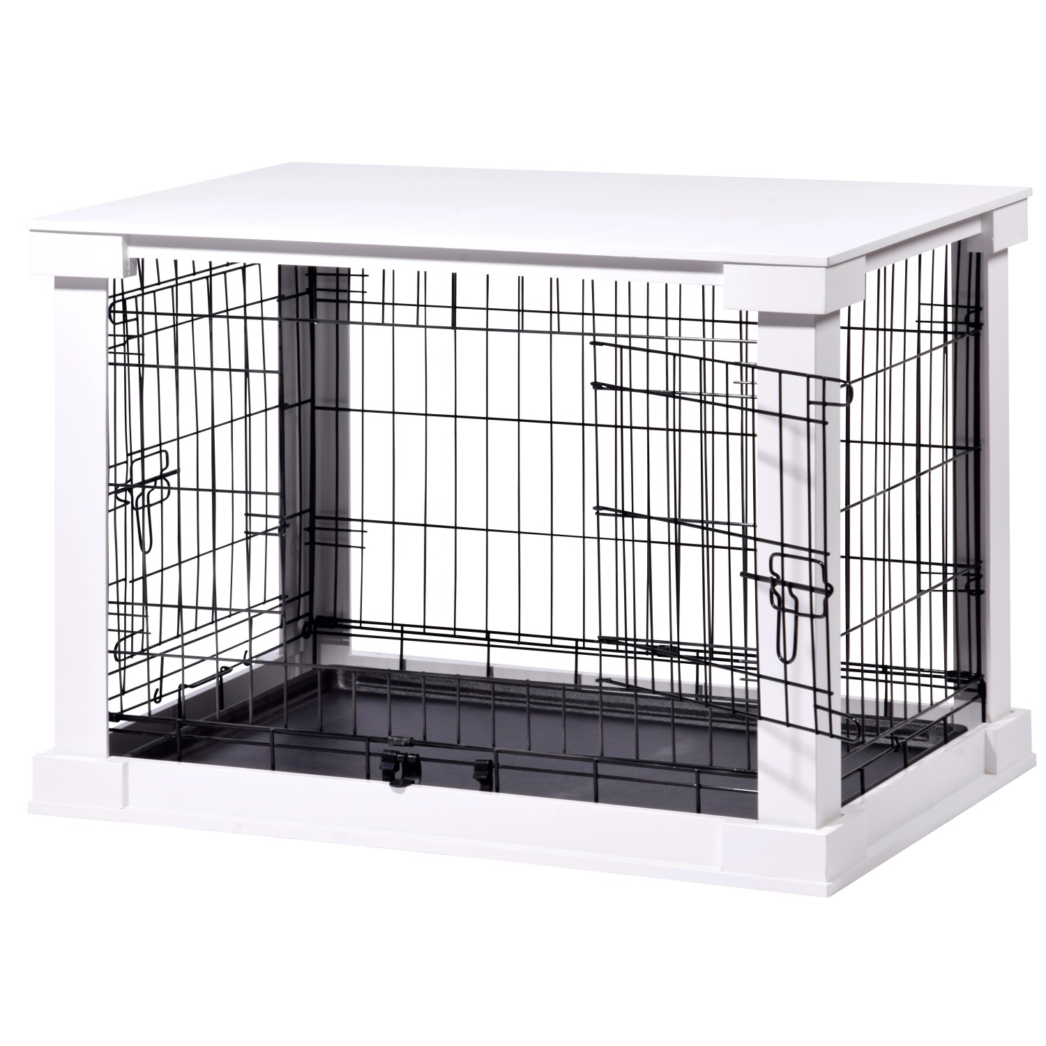 Weiße Hundebox Indoor mit Tischoberfläche, Gittertür und herausnehmbarer Wanne.