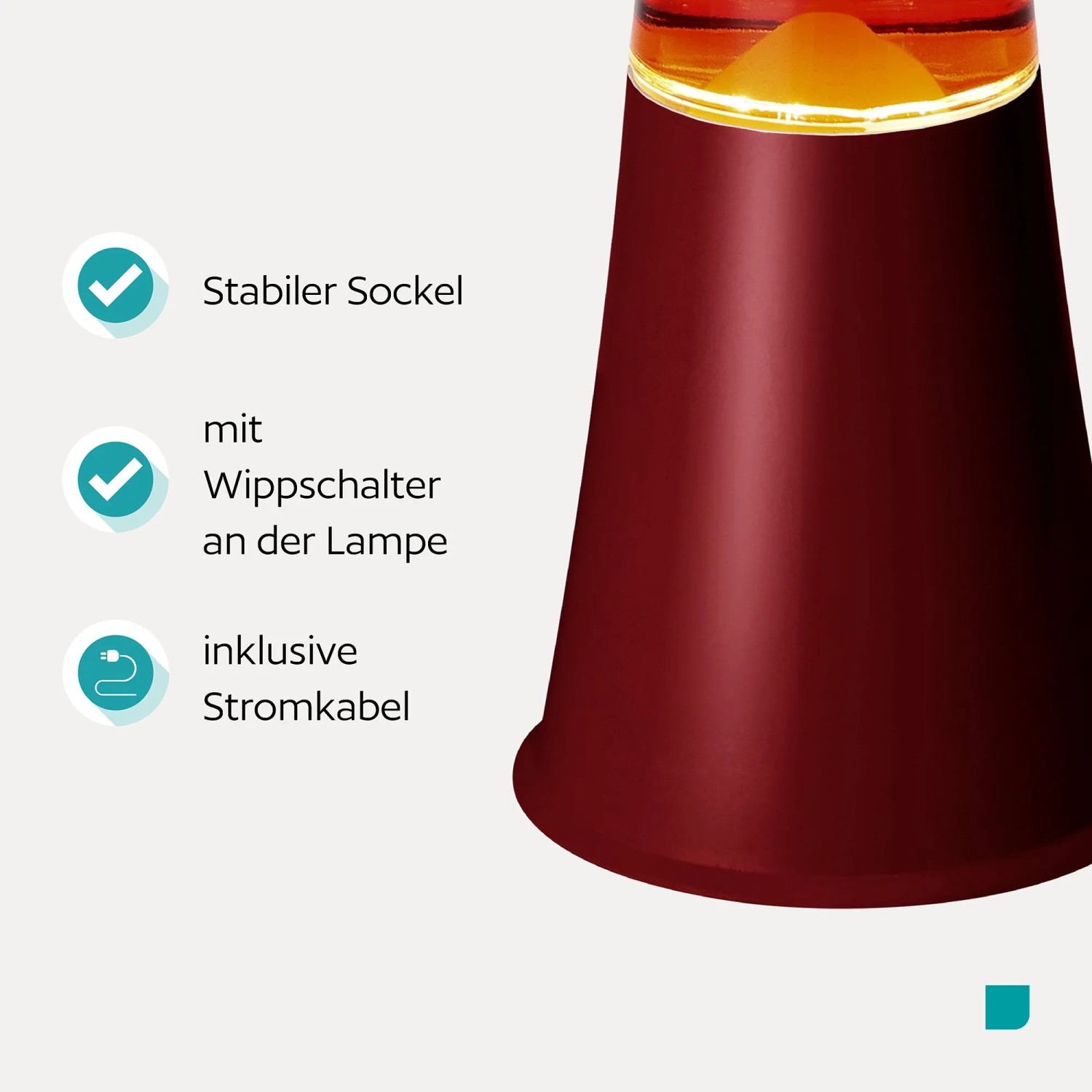 Eglo LED-Lavatischleuchte Bordeaux/Orange. Detailansicht des stabilen Sockels, Schalters und Stromkabels.