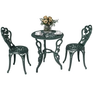 Antikes Bistro Set aus Gussaluminium, grün. Gartentisch mit zwei Stühlen im Vintage Look.
